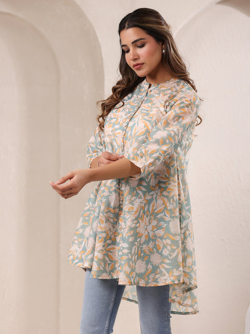 Sage Green Cotton Blend Floral Printed A-line Tunic